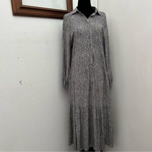H&M Tea Length Long Sleeve Dress, Tiered, White with Black Speckle Dots, Size XS